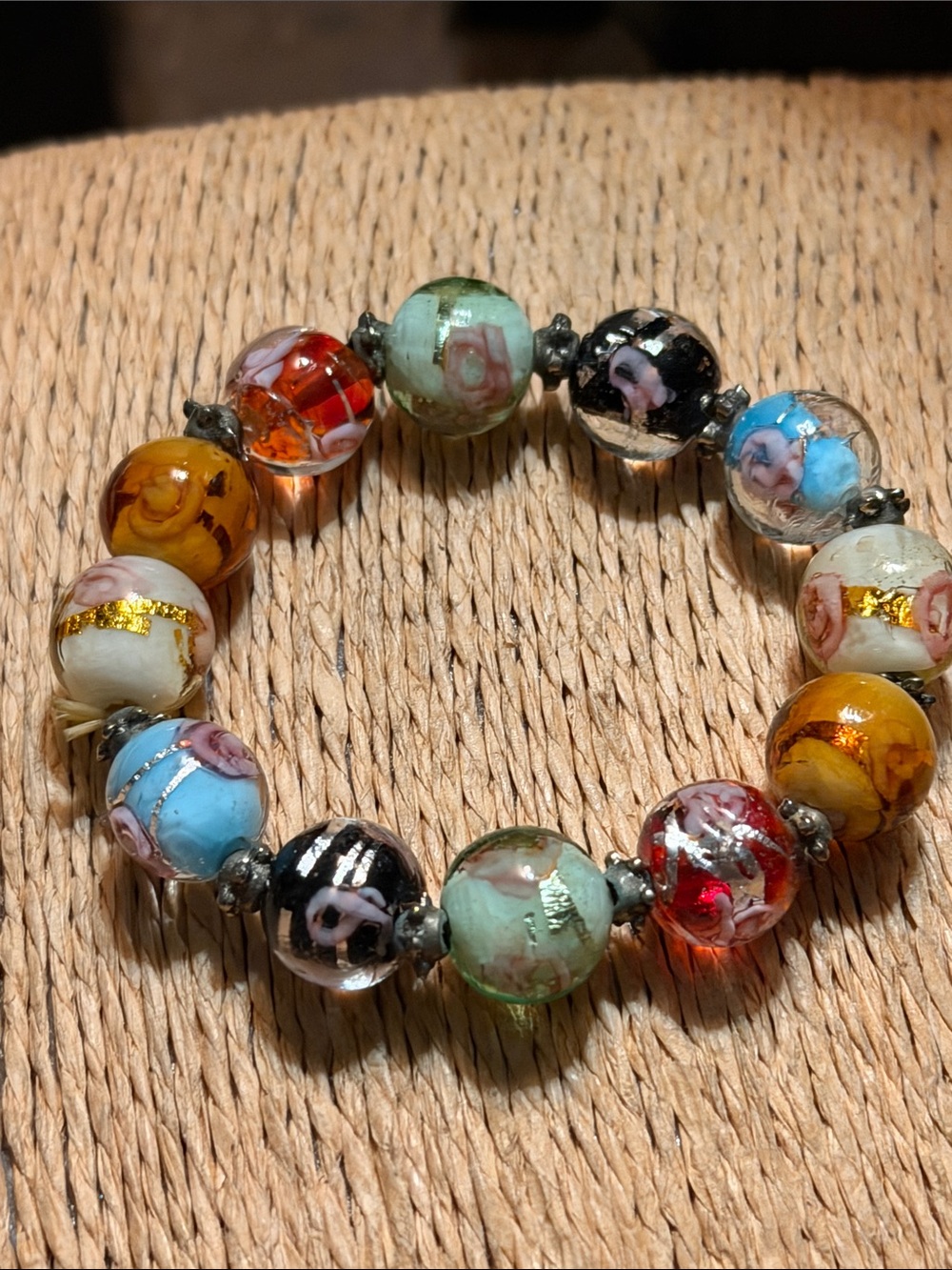 Multicolor Floral Glass Bead Stretch Bracelet Sterling silver beads vintage